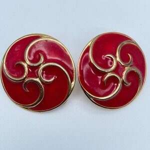 Vintage 80s Red Enamel Swirl Gold Tone Round Earrings Fashion Statement‎ Jewelry